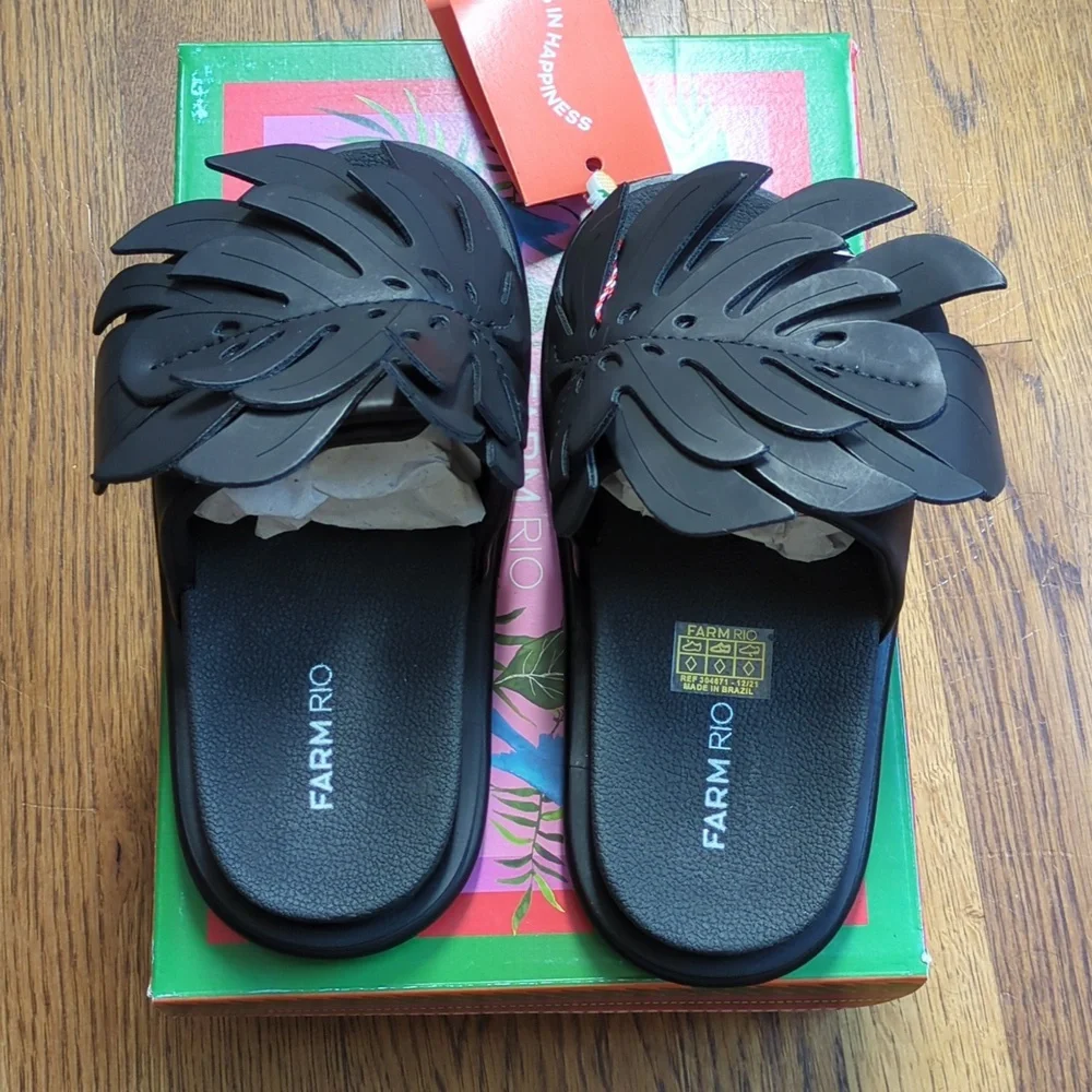 NIB FARM Rio Monstera Anatomic Slide Sandals In Black Women's Size 6